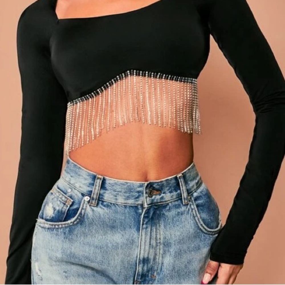 Shein Bae Black Fringed Crop Top